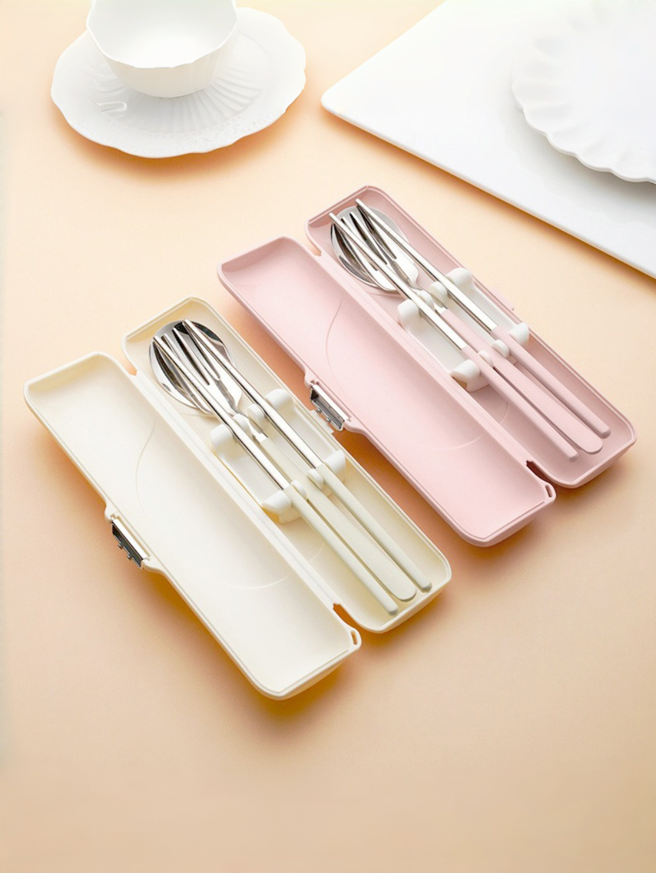 ustom Text Bow Portable Cutlery Set - Stainless Steel Spoon, Fork, and Chopsticks Trio with Plastic Handles, Includes Spoon, Fork, Chopsticks, and Storage Case